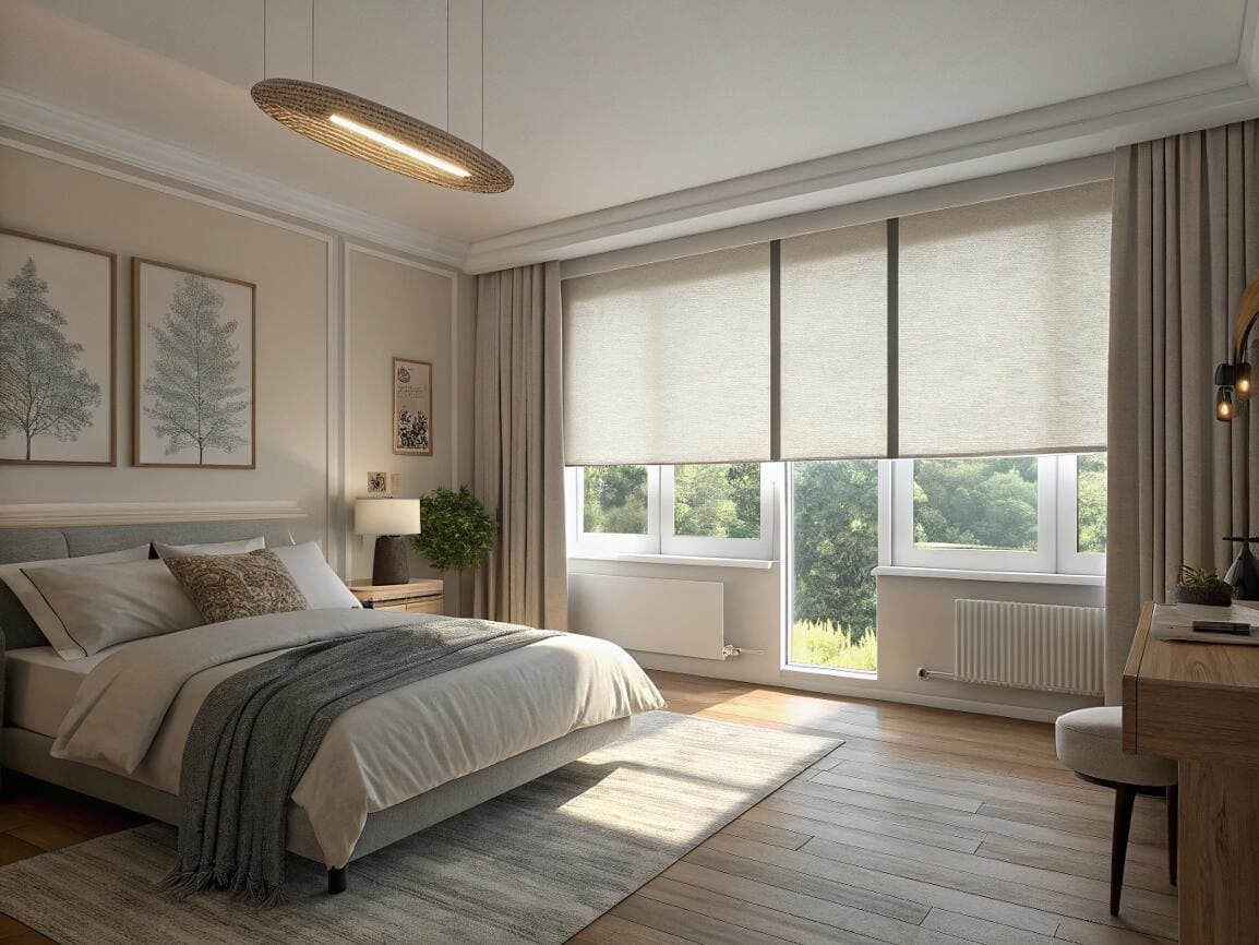 Linen-textured roller shades offer privacy while complementing a bright and airy bedroom design.