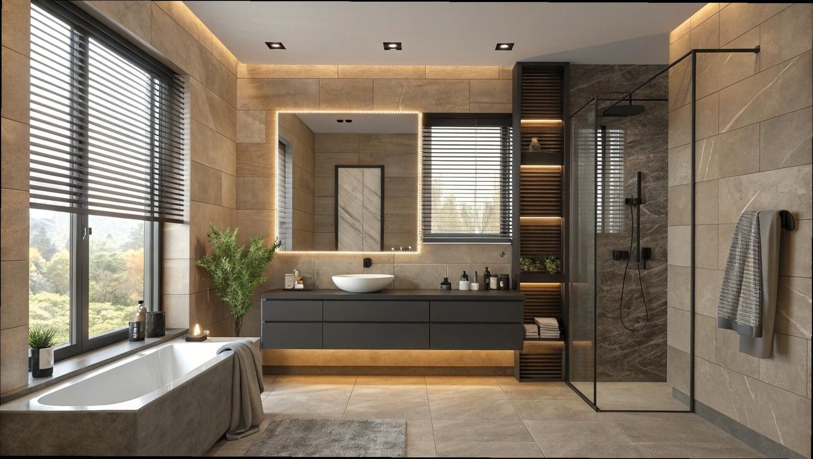 Dark aluminum venetian blinds offer sleek light control in a modern industrial bathroom.