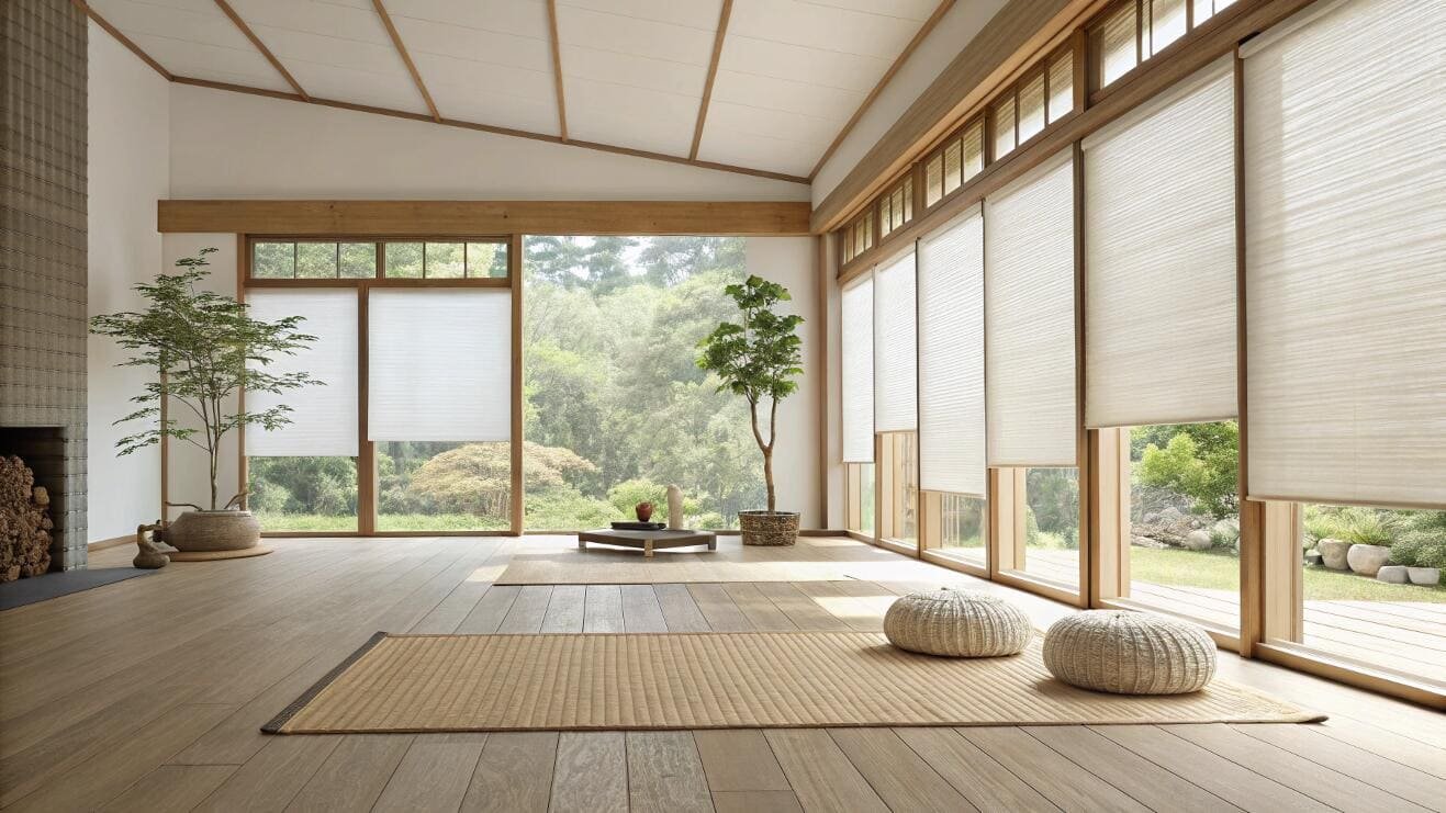 Top-down cellular shades offer light and privacy in a peaceful, modern zen room.