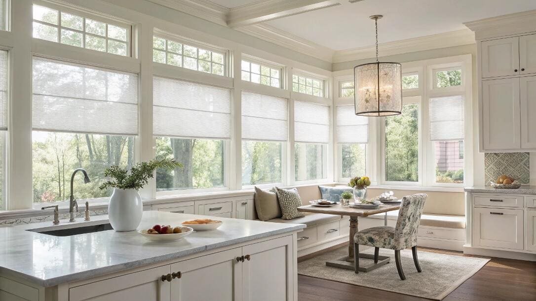 Custom light-filtering Roman shades create a bright, inviting atmosphere in a kitchen.