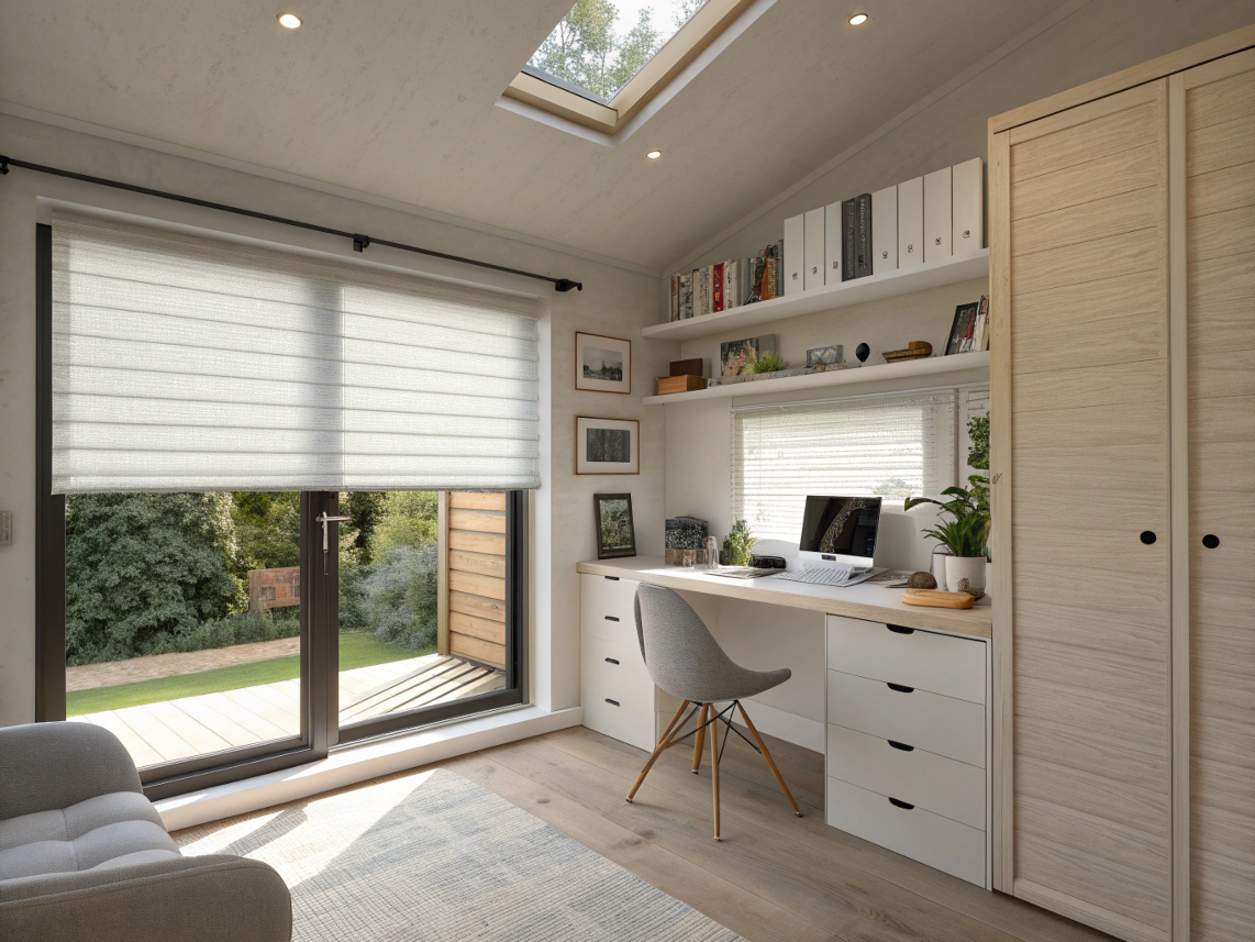 A textured Roman shade offers stylish light diffusion in a bright, modern home workspace.