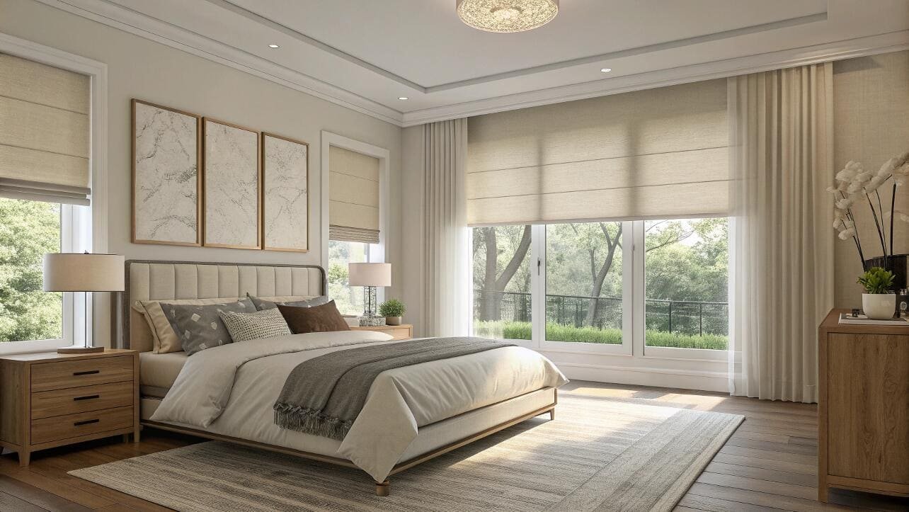 Elegant, light-filtering Roman shades create a soft and luxurious feel in a transitional bedroom.