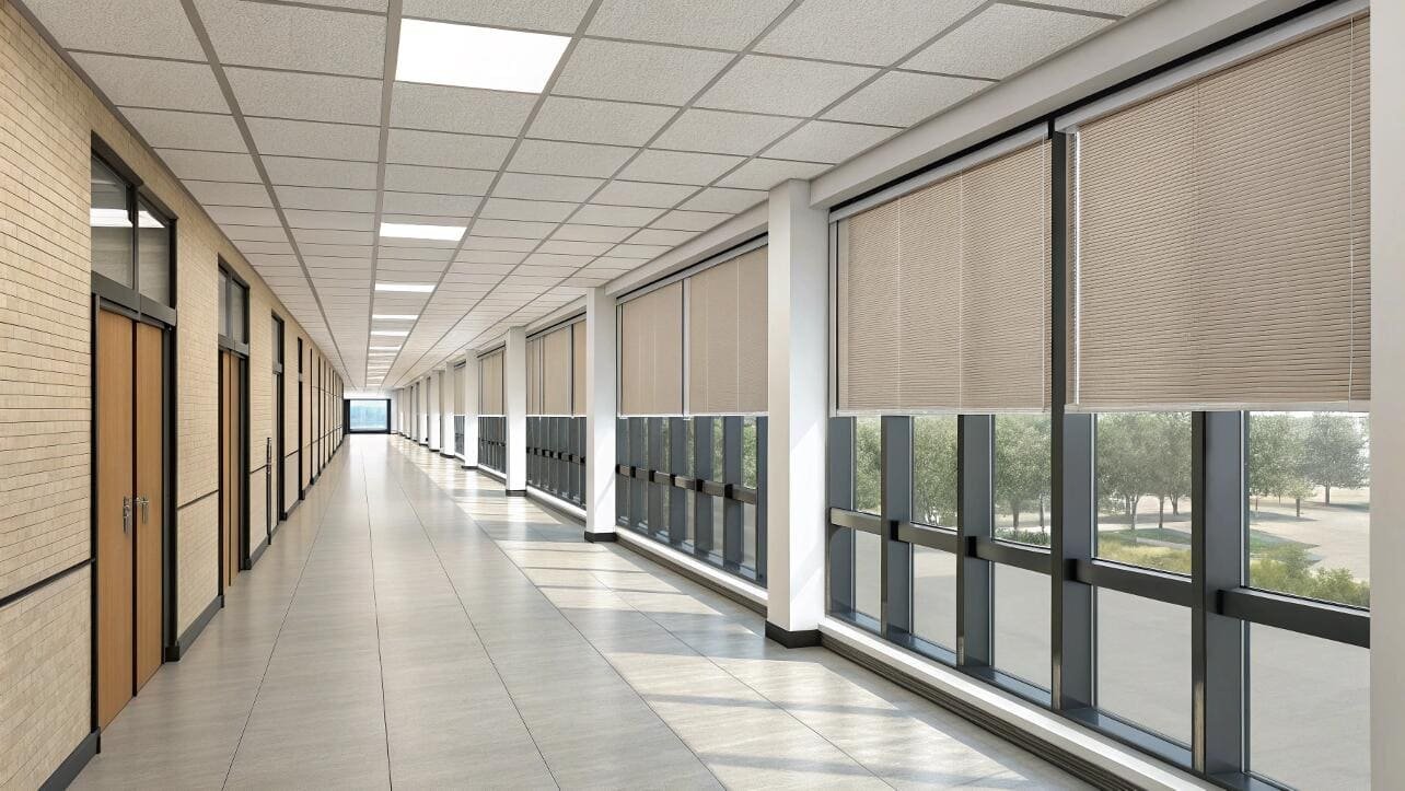 Durable, energy-efficient cellular shades installed in a long school hallway with large windows.