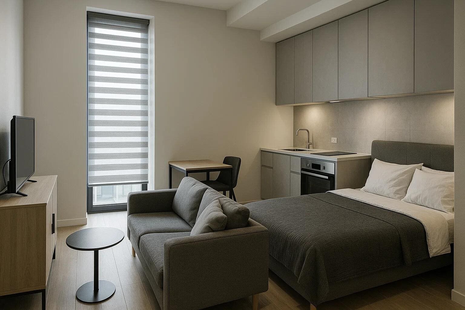 A gray zebra shade covers a large window in a modern, multi-functional studio apartment.