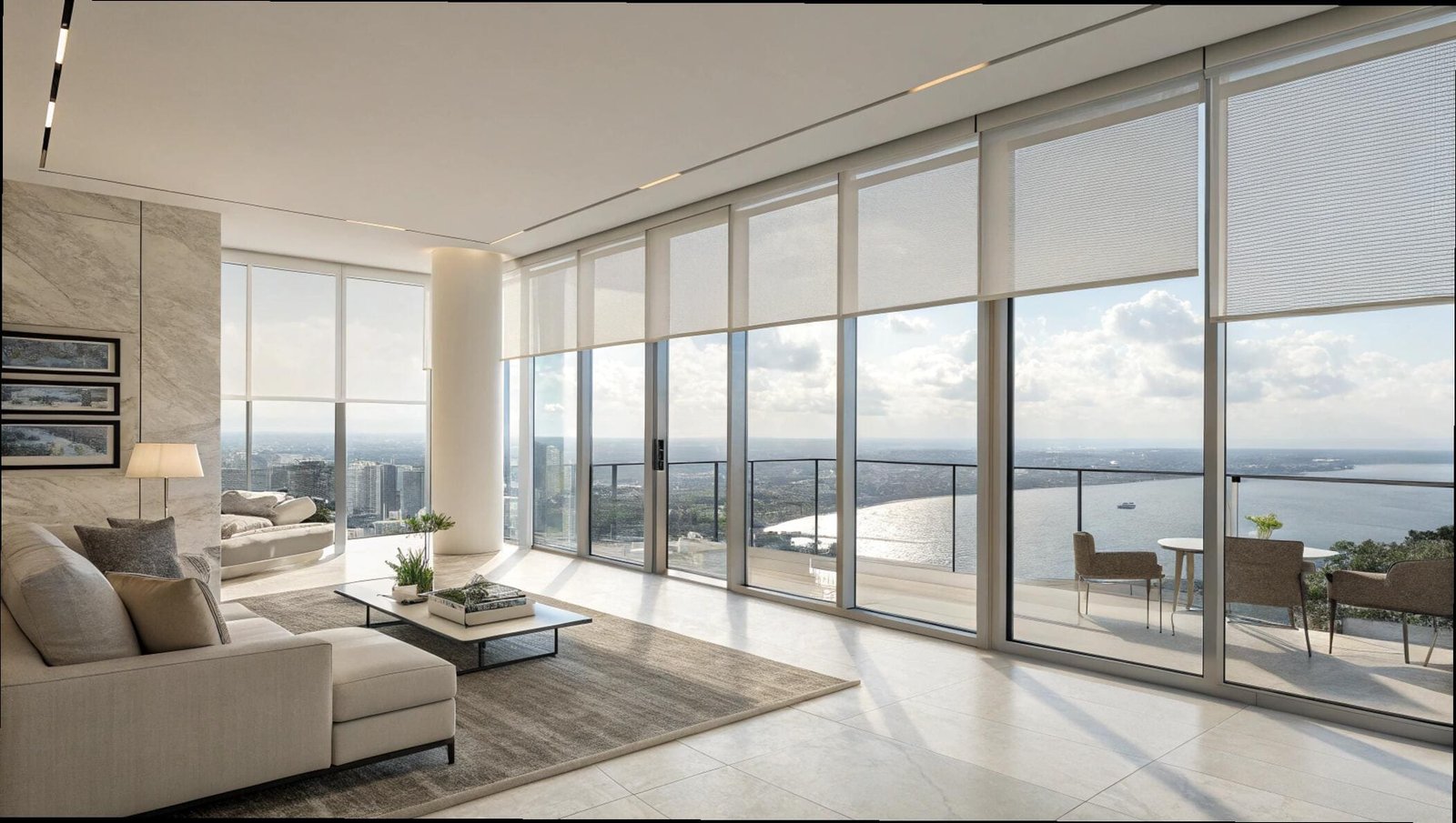 Motorized cellular shades provide seamless coverage for a penthouse with panoramic ocean views.