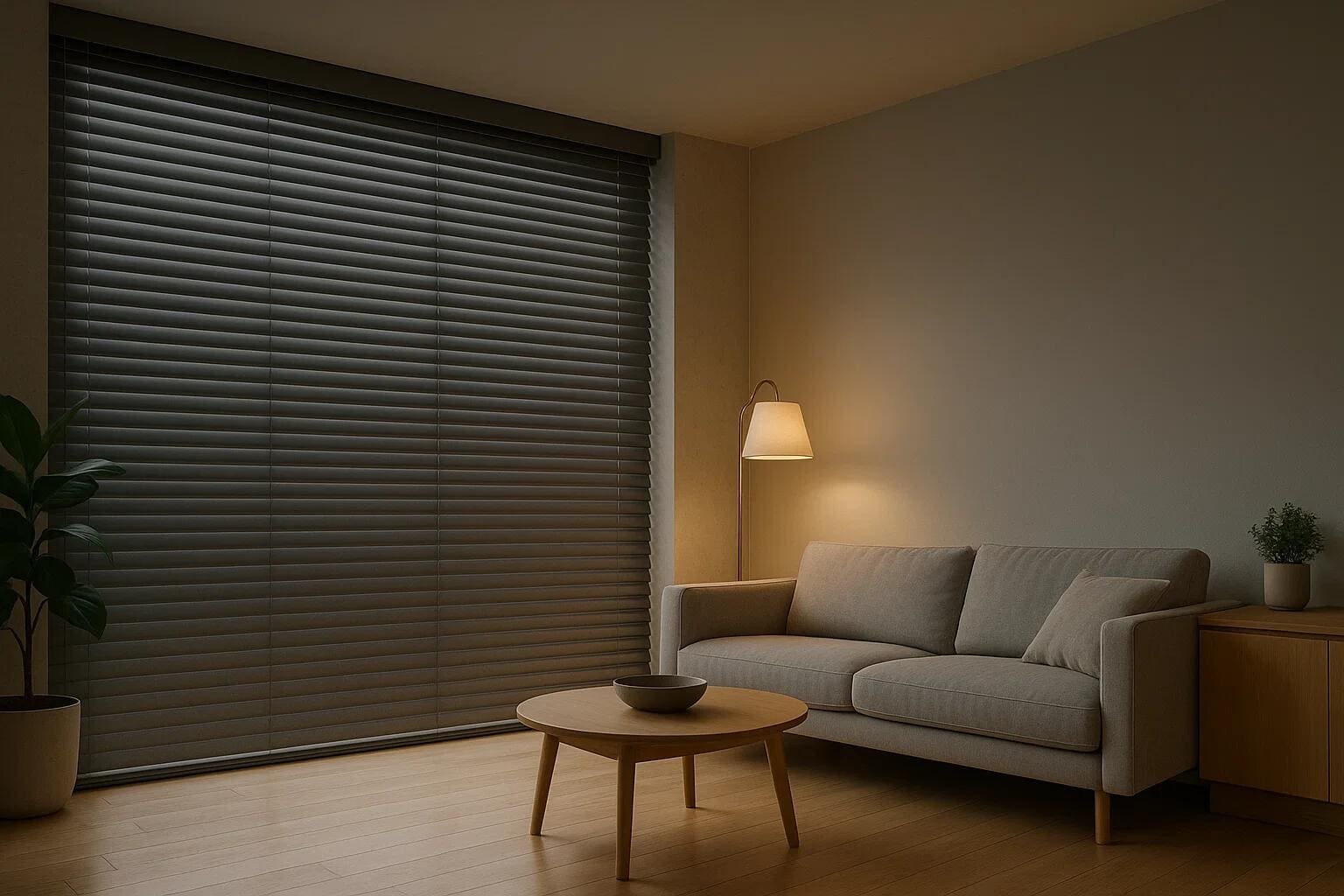 Dark gray venetian blinds offer complete privacy and light control for a modern living room.