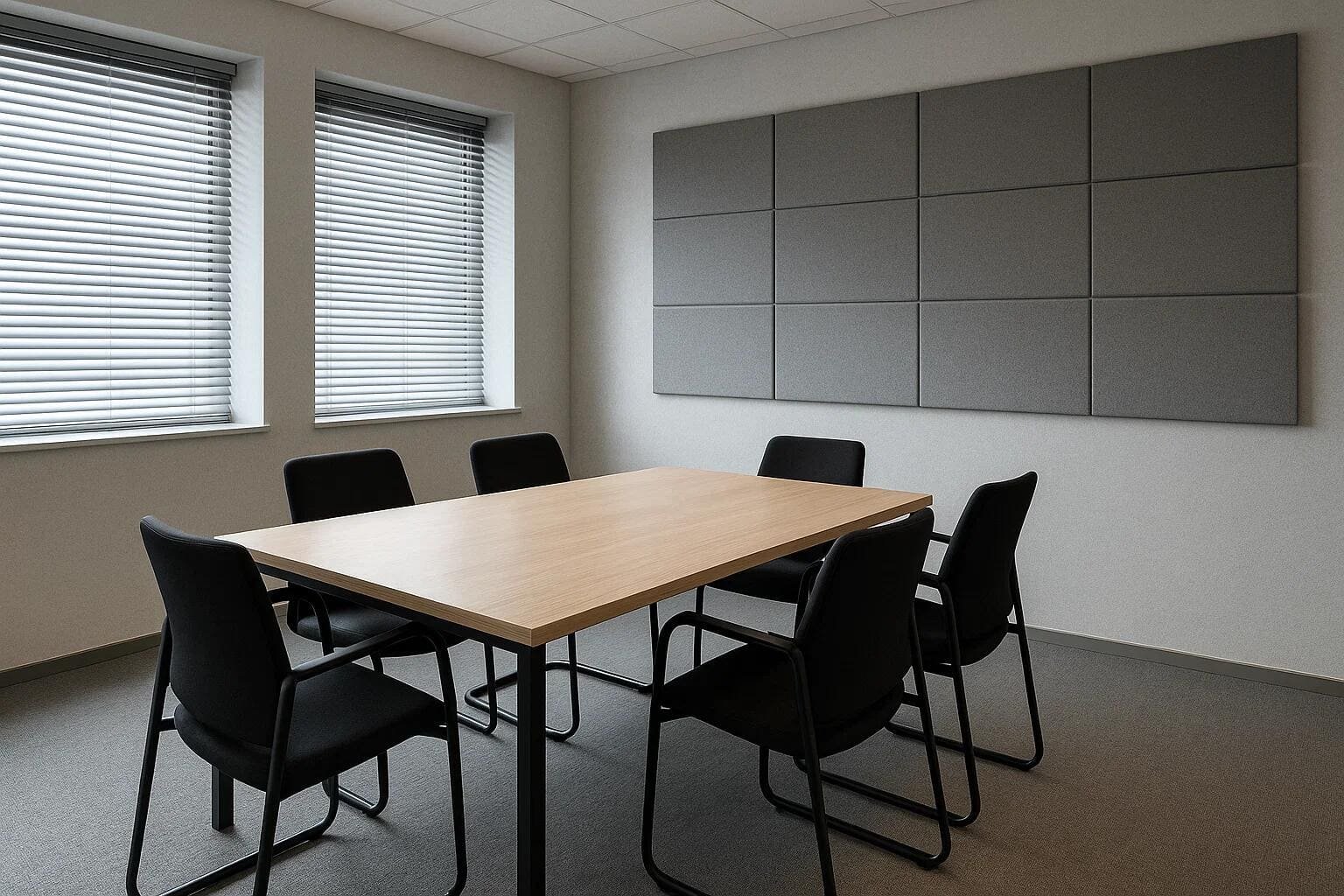 Silver venetian blinds offer precise light control for a functional office meeting room.