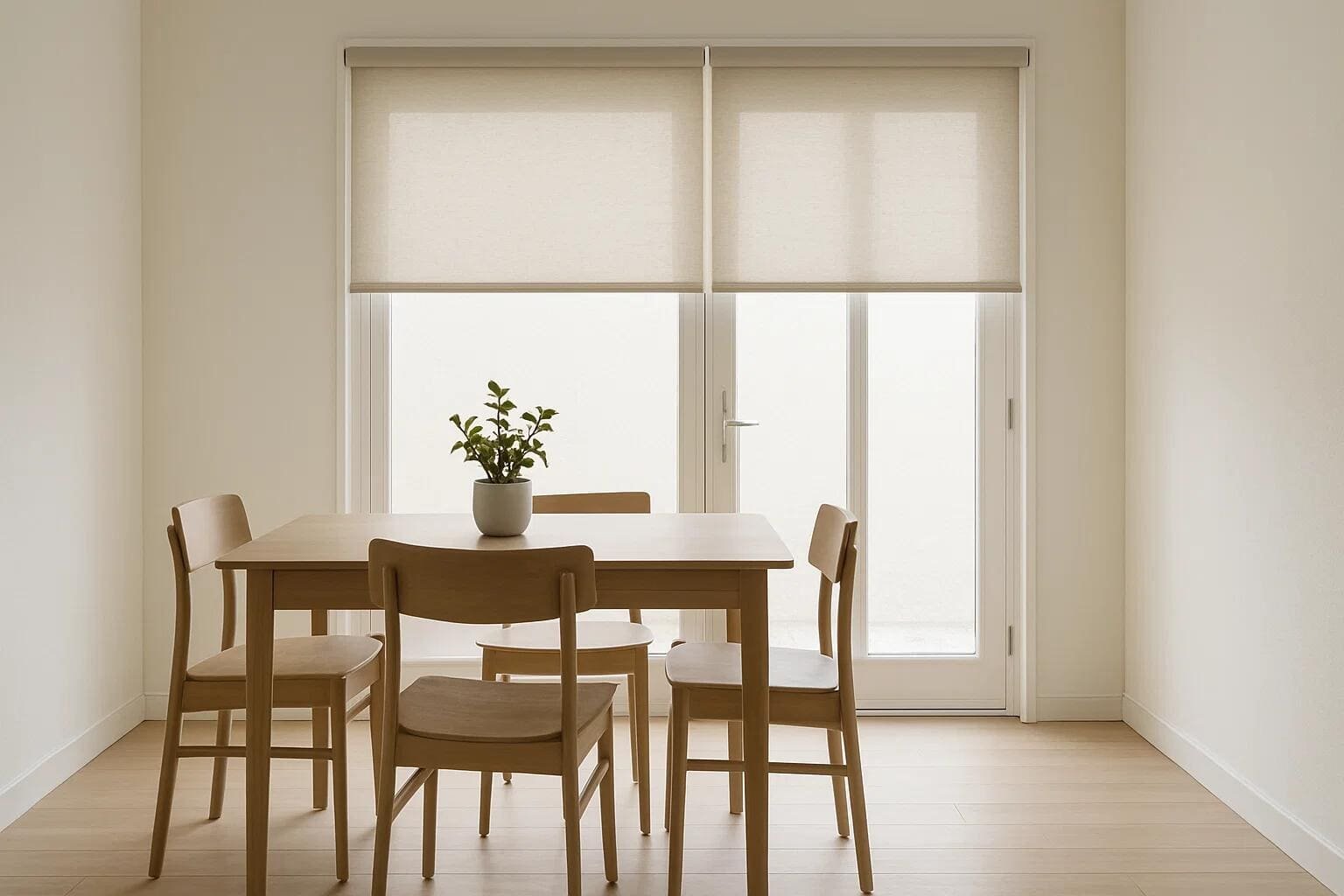 Minimalist light-filtering roller shades offer privacy for a dining room's glass patio doors.