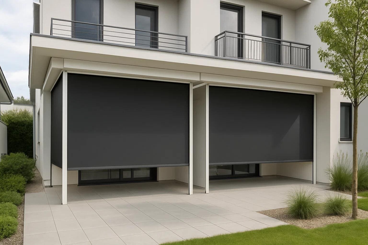 Motorized exterior zip track shades create a protected and private outdoor living space.