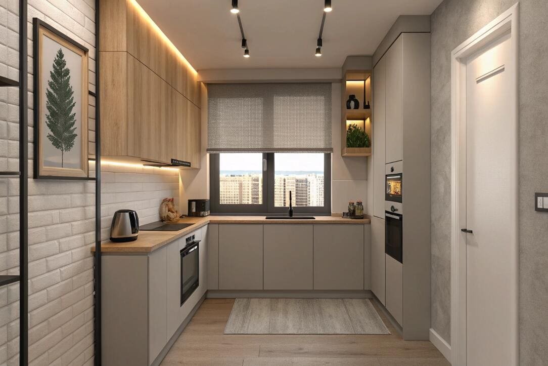 A durable, textured fabric roller shade provides light control in a modern apartment kitchen.