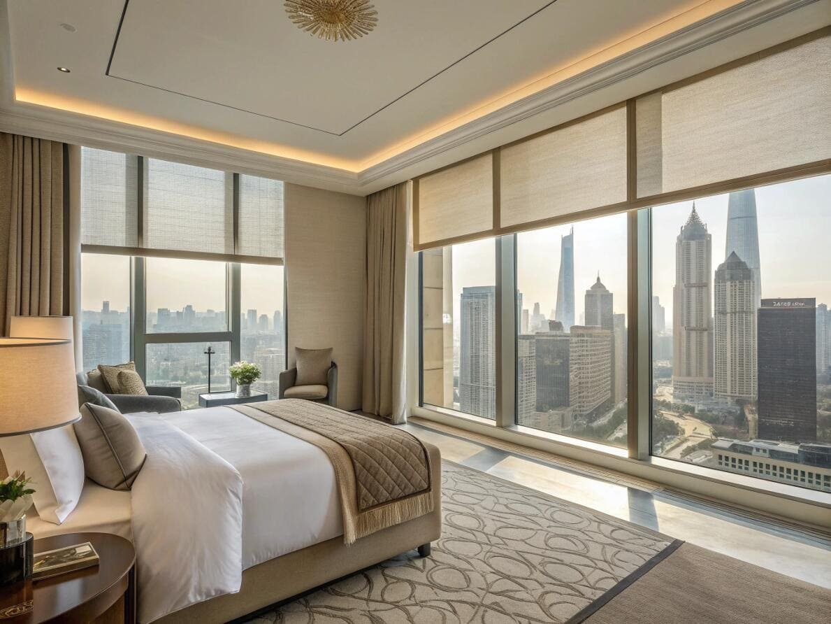 Motorized hotel roller shades provide light control for a luxury suite with skyline views.