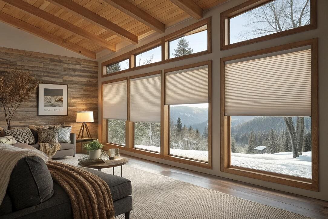 Top-down bottom-up cellular shades insulating large windows in a mountain home with snow.