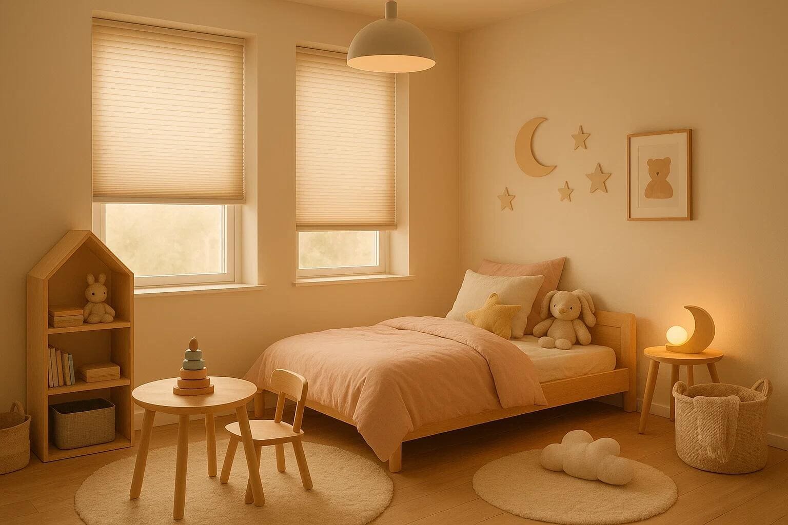 Room-darkening cellular shades create a perfect sleeping environment in a child's nursery.