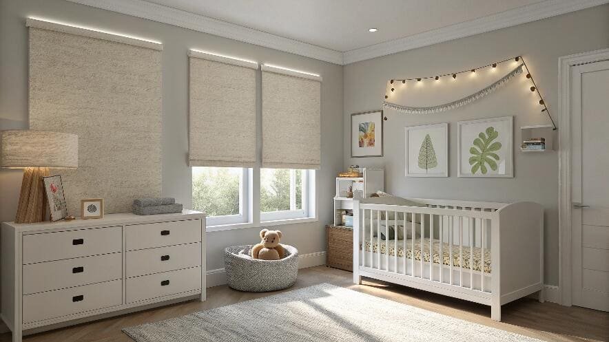Textured cordless roller shades in a neutral-toned nursery with soft lighting.