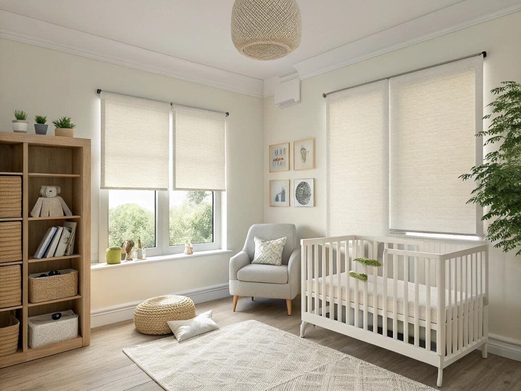 Layered dual roller shades offer soft light and blackout options for a nursery.