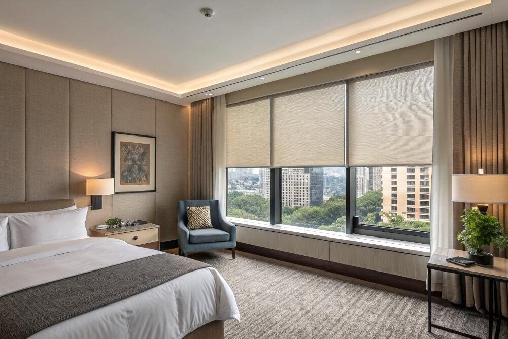 Hospitality-grade roller shades offer guest privacy and light control in hotel rooms.