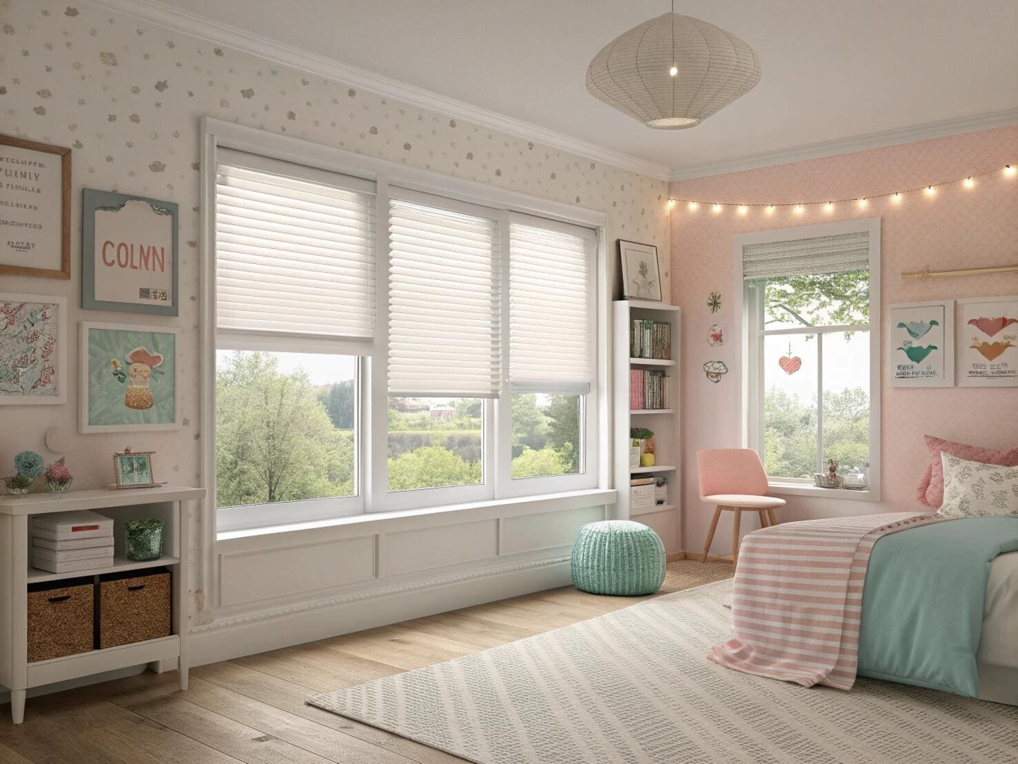 Cordless cellular shades offer a safe and bright light-filtering solution for a child's bedroom.
