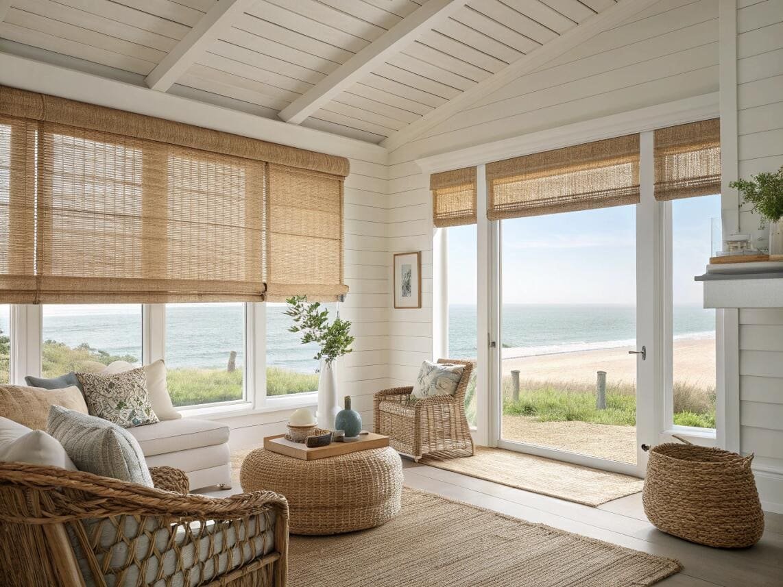 Woven wood Roman shades add natural texture to a bright, seaside living room.