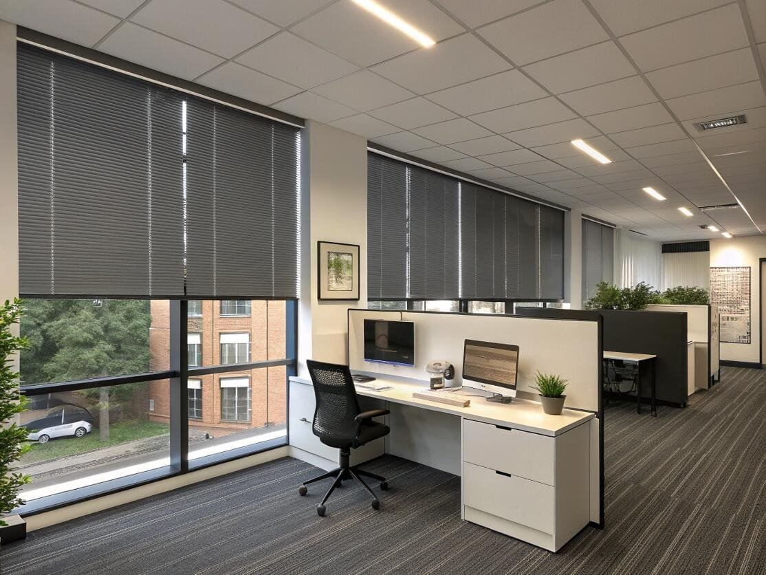 Dark pleated blinds reduce glare and ensure privacy in a modern commercial office setting.