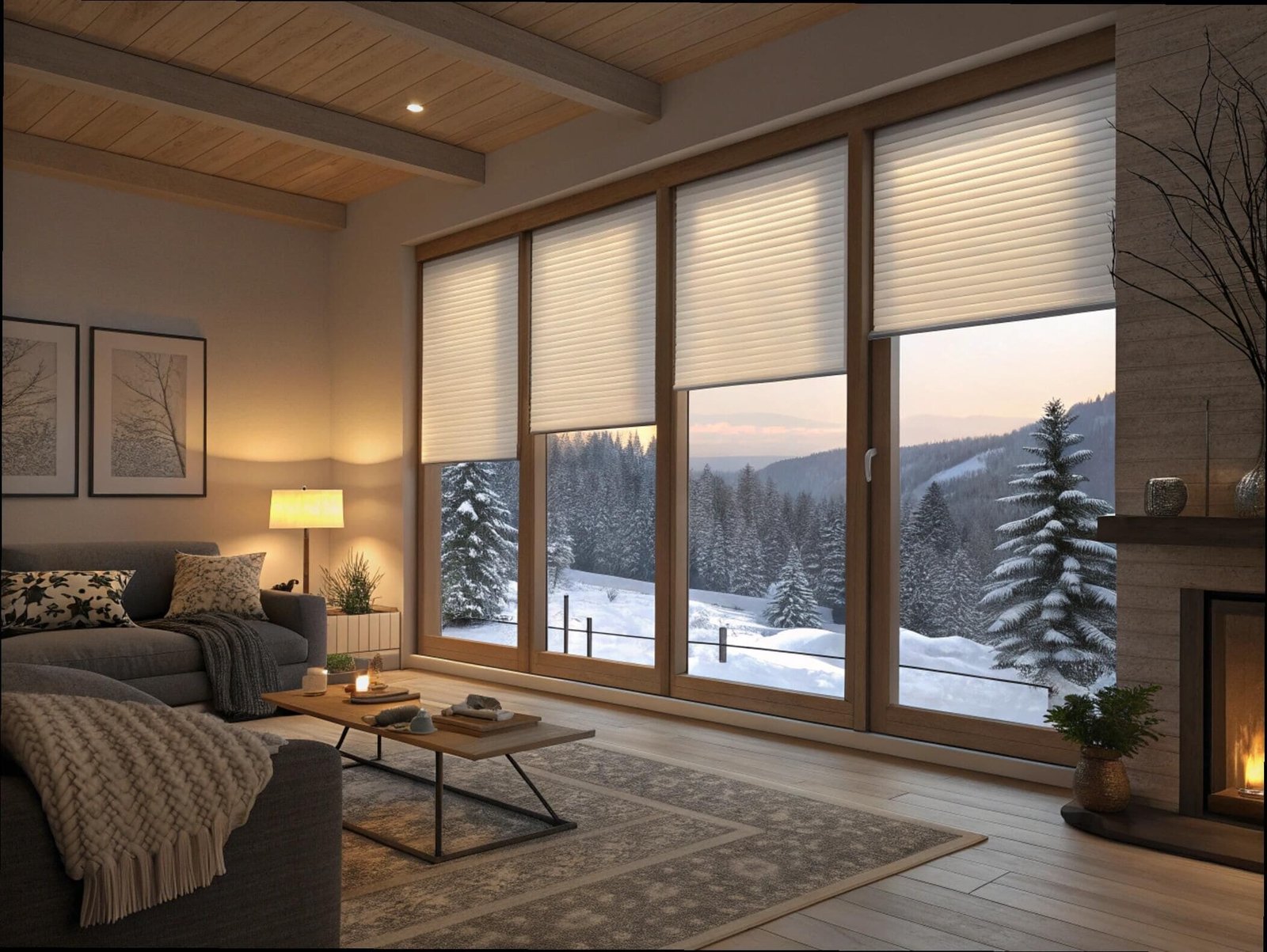 Insulating honeycomb shades keep a cozy living room warm with a snowy mountain view.