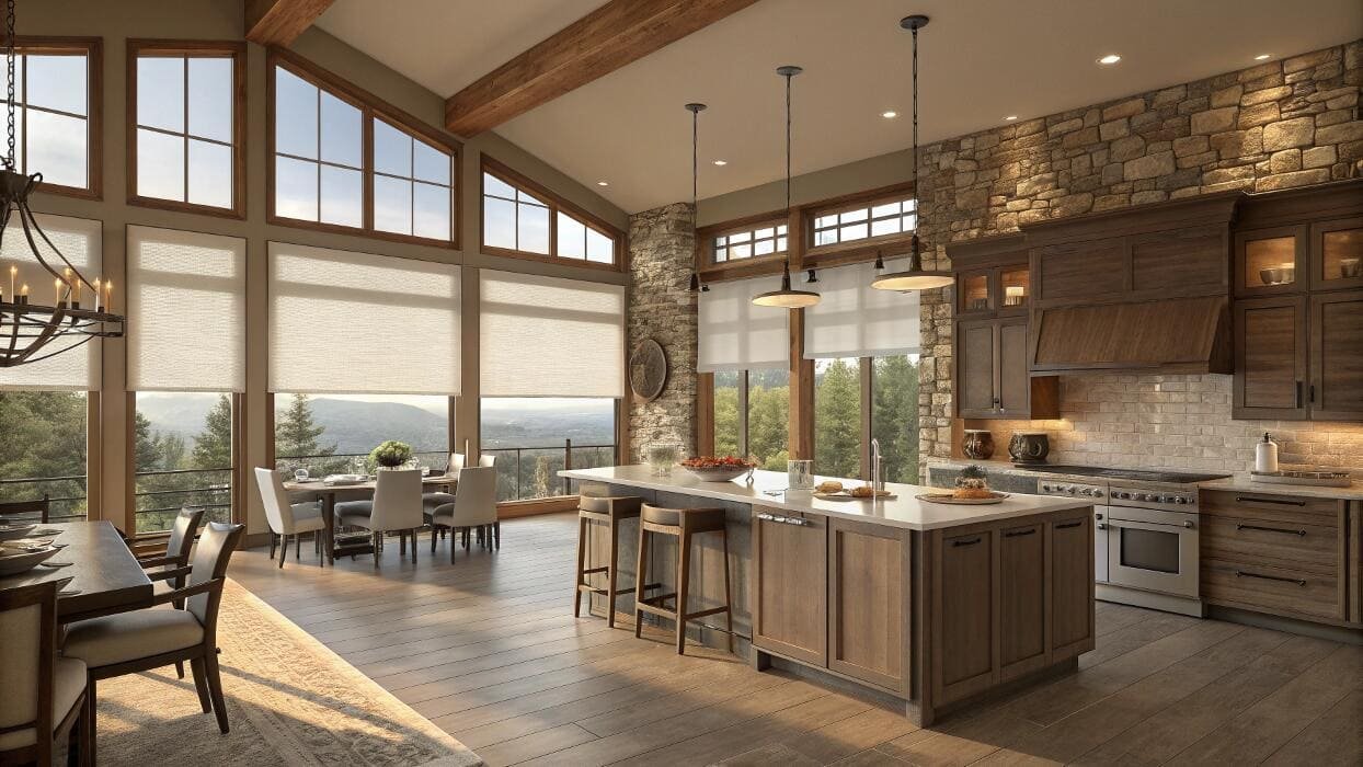 Motorized roller shades are perfect for large, hard-to-reach windows in a great room.