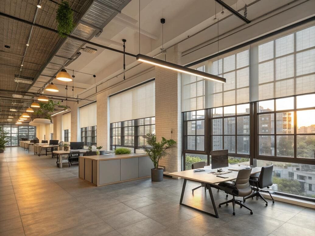 Commercial solar shades manage afternoon sun and reduce glare in an industrial-style office.