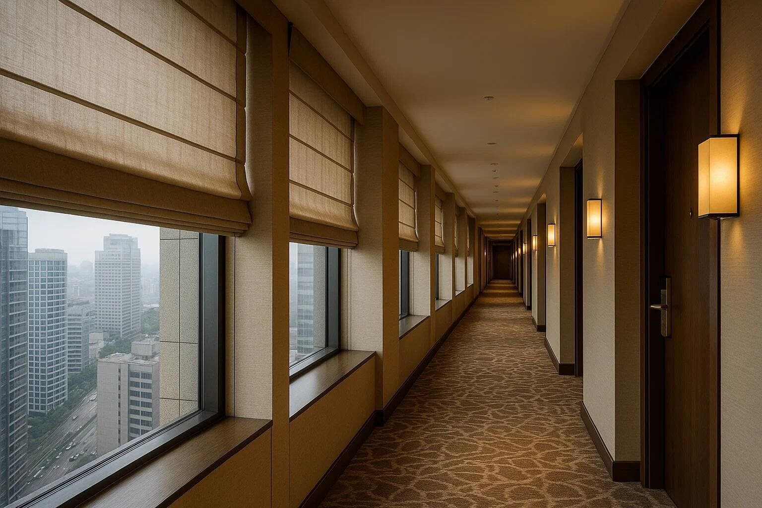 Custom Roman shades are used consistently down a long hotel corridor for a uniform look.
