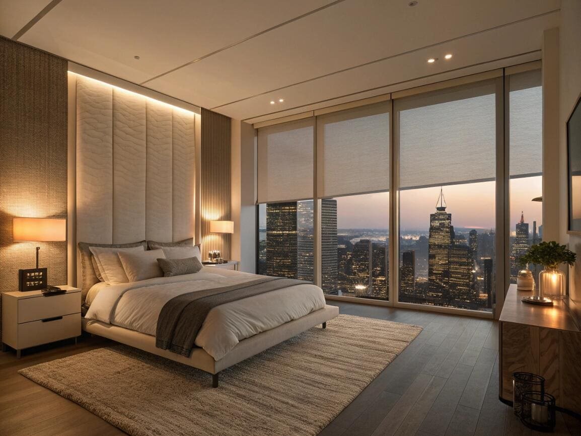 Motorized roller shades provide privacy in a luxury penthouse with floor-to-ceiling city views.