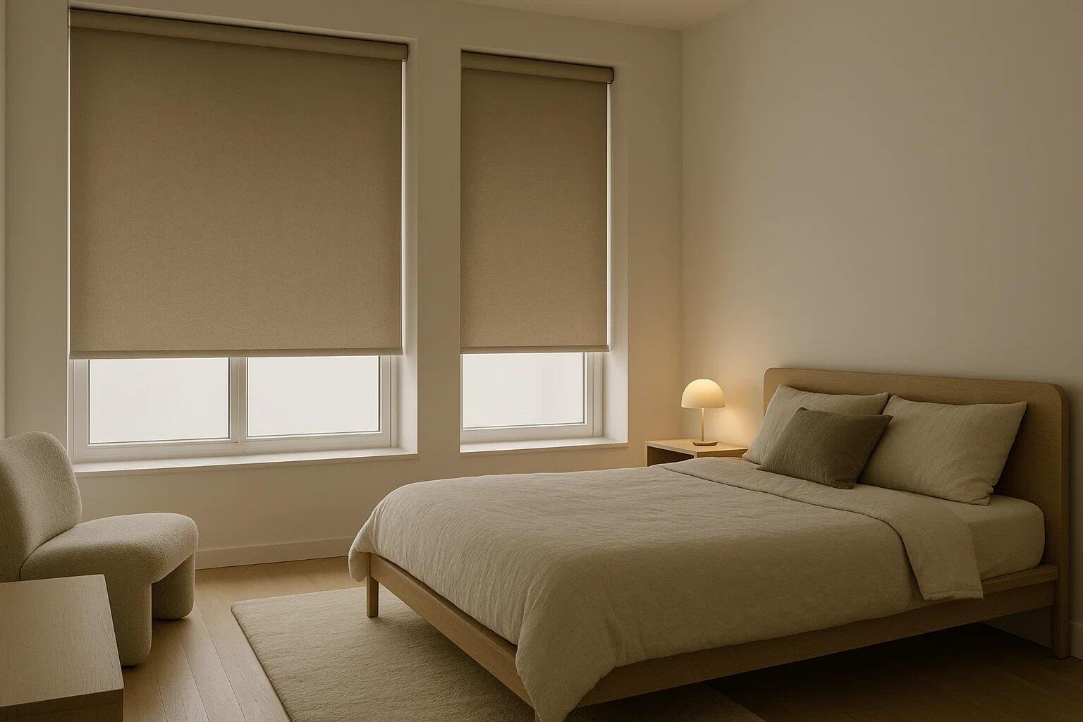 Beige blackout roller shades providing total darkness and privacy in a modern bedroom.