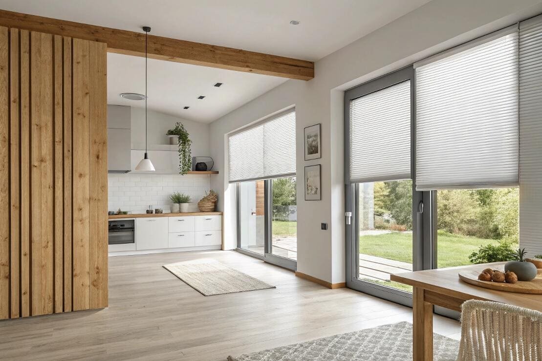 White cellular shades provide a clean, insulating solution for modern sliding glass doors.