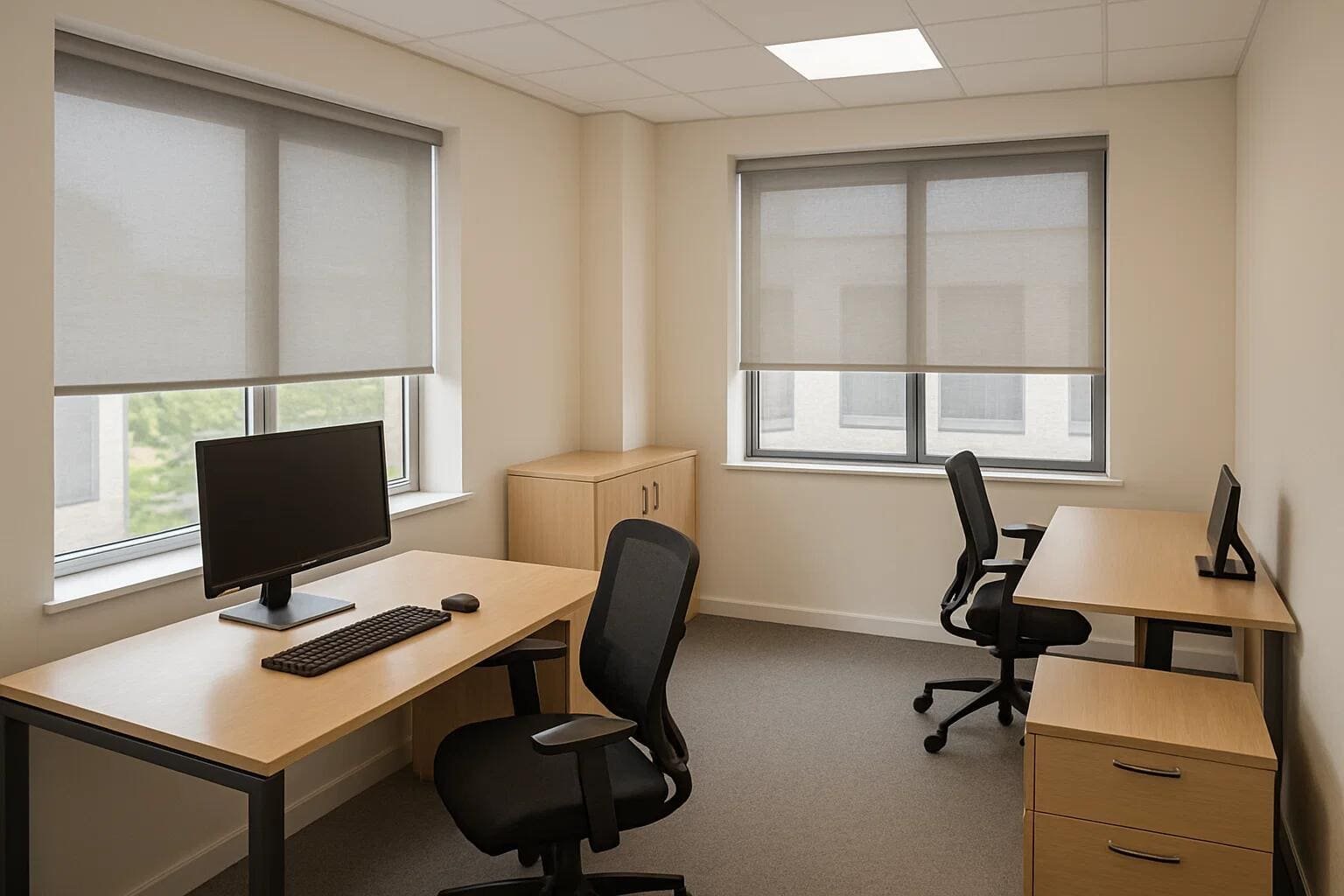Perforated solar screen shades reduce glare and provide daytime privacy in a commercial office.