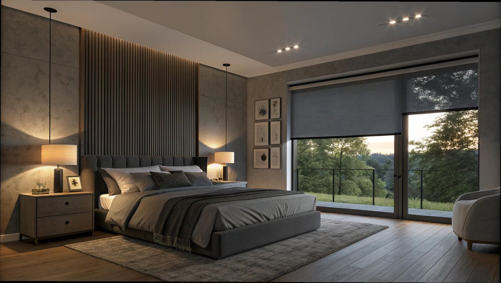 Blackout roller shades in a modern, luxury grey bedroom for optimal darkness.