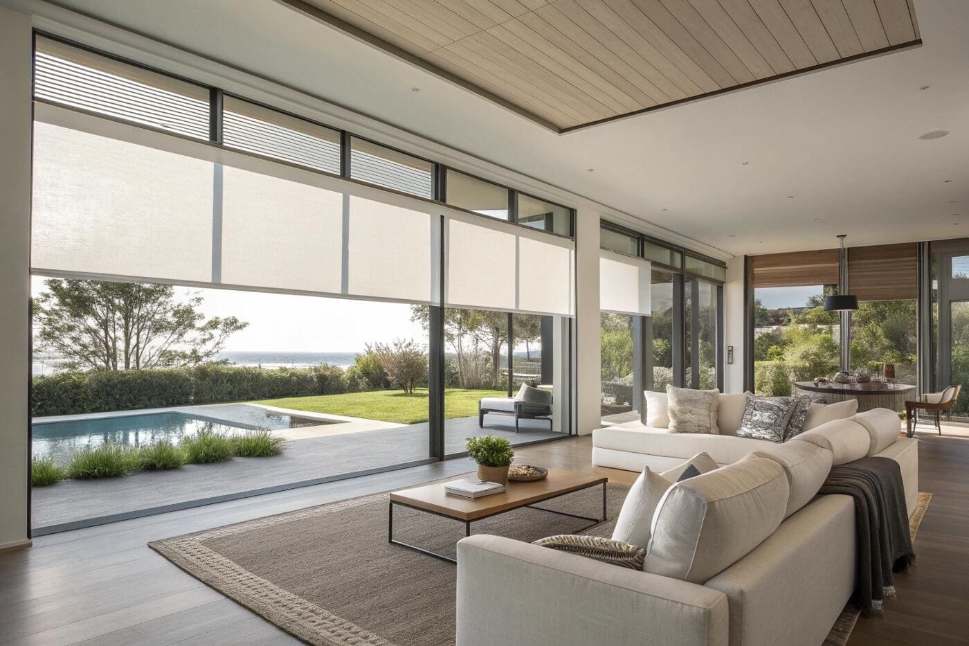 Large motorized shades seamlessly connect an open-concept living room to its outdoor pool view.