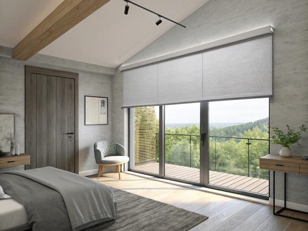 A wide roller shade offers a minimalist solution for large patio doors.
