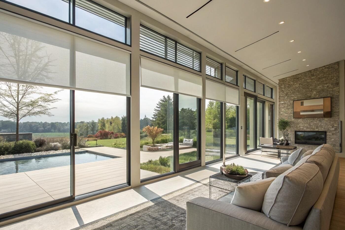 Wide roller shades offer UV protection for a modern living room with large sliding doors.