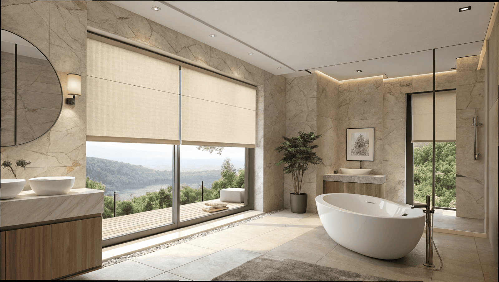 Woven Roman shades offer privacy while maintaining a view in a spa-like bathroom.