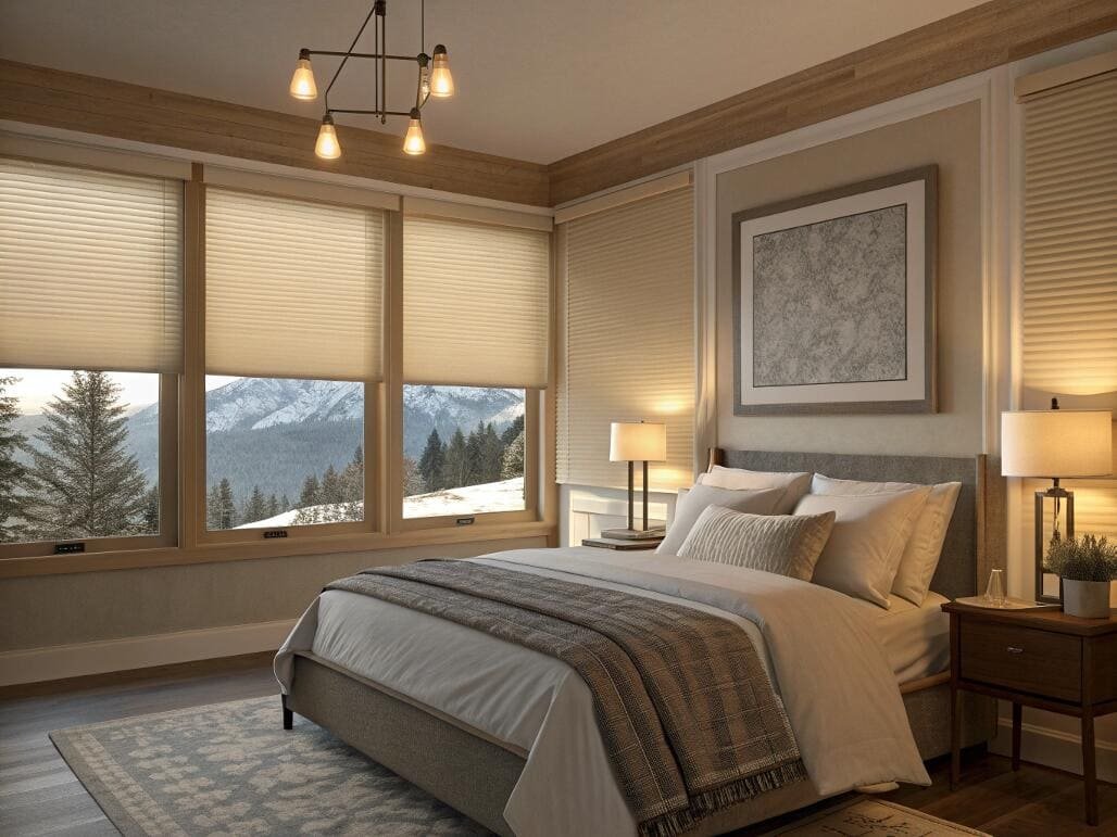 Insulating cellular shades provide warmth and privacy in a cozy, rustic mountain bedroom.