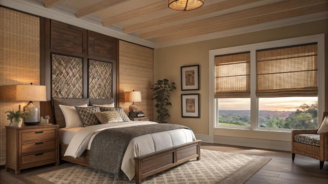 Natural woven Roman shades add texture and warmth to a transitional luxury bedroom.
