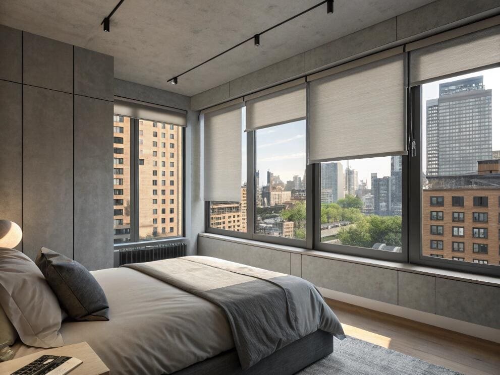Light-filtering roller shades soften daylight in a modern bedroom with an urban view.