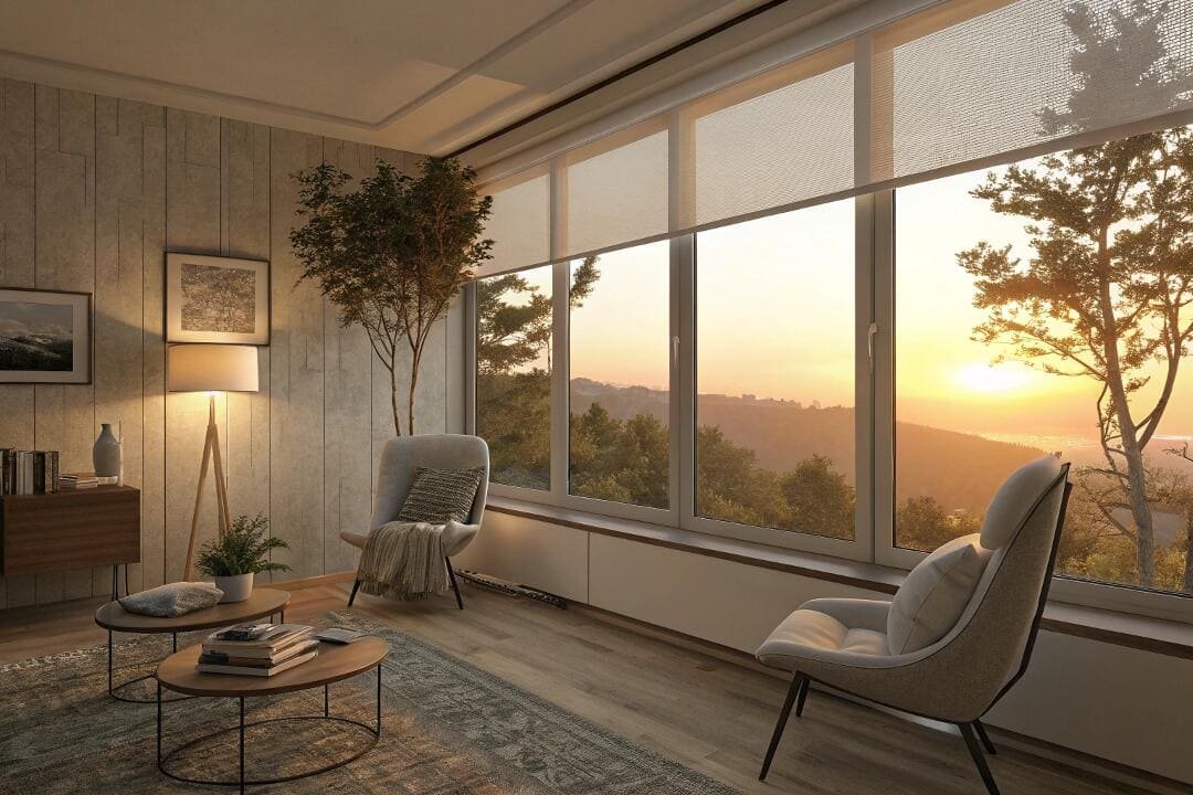 Light-filtering solar shades manage glare while capturing the sunset in a modern sitting room.