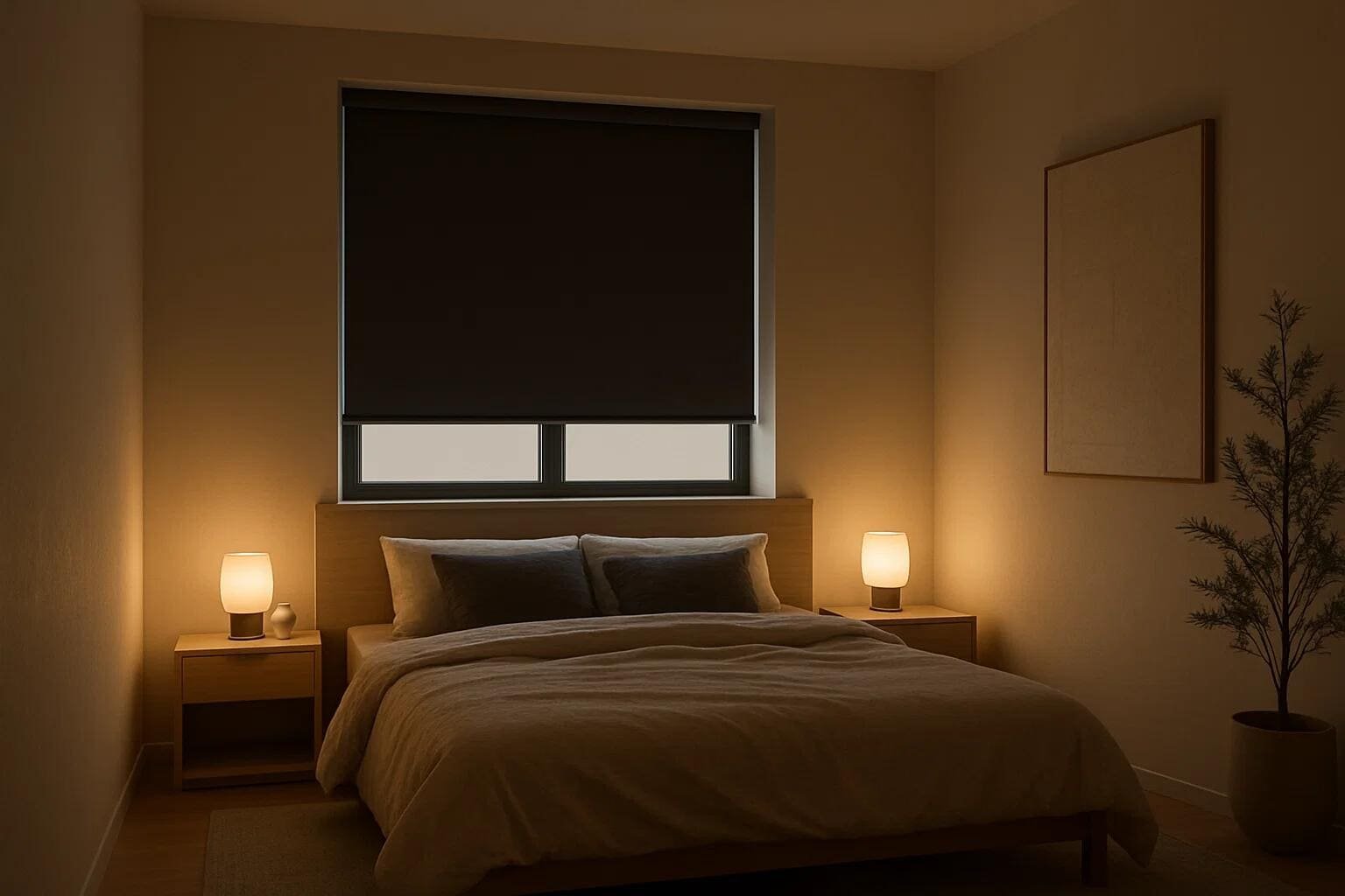 Blackout roller shade providing total darkness in a modern, minimalist bedroom.