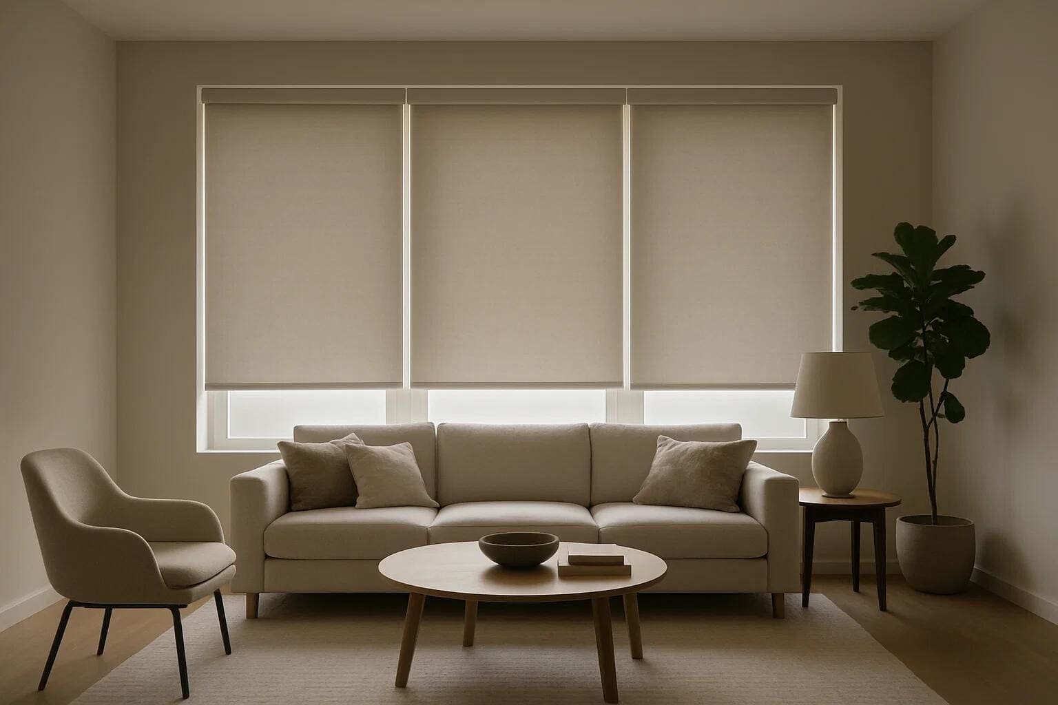 Three light-filtering roller shades in a bright, contemporary living room setting.