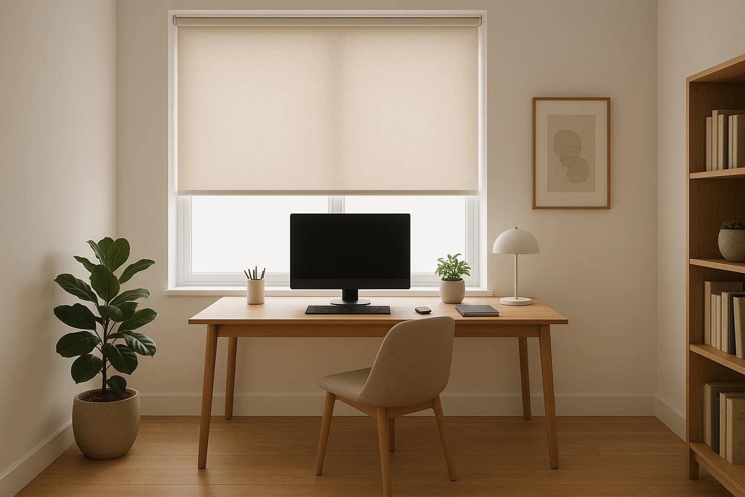 Light-filtering roller blind providing soft, diffused light in a minimal home office.