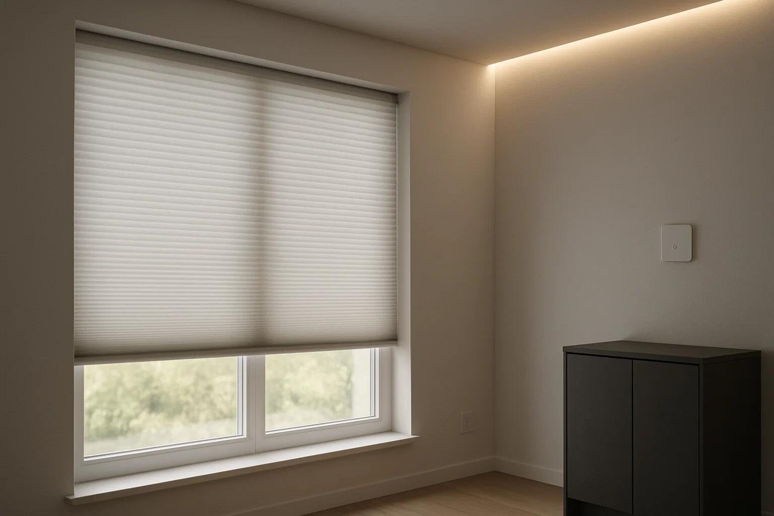 A smart wall switch controlling a light-filtering motorized shade in a modern room.