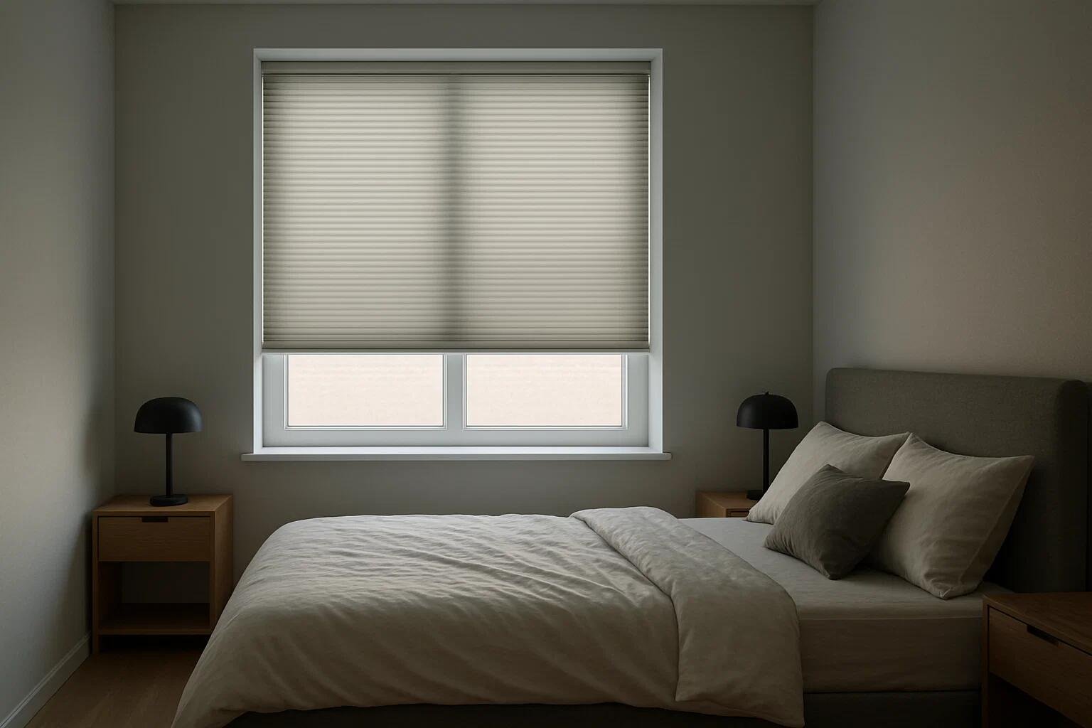 A cordless blackout cellular shade providing a serene atmosphere in a minimalist bedroom.