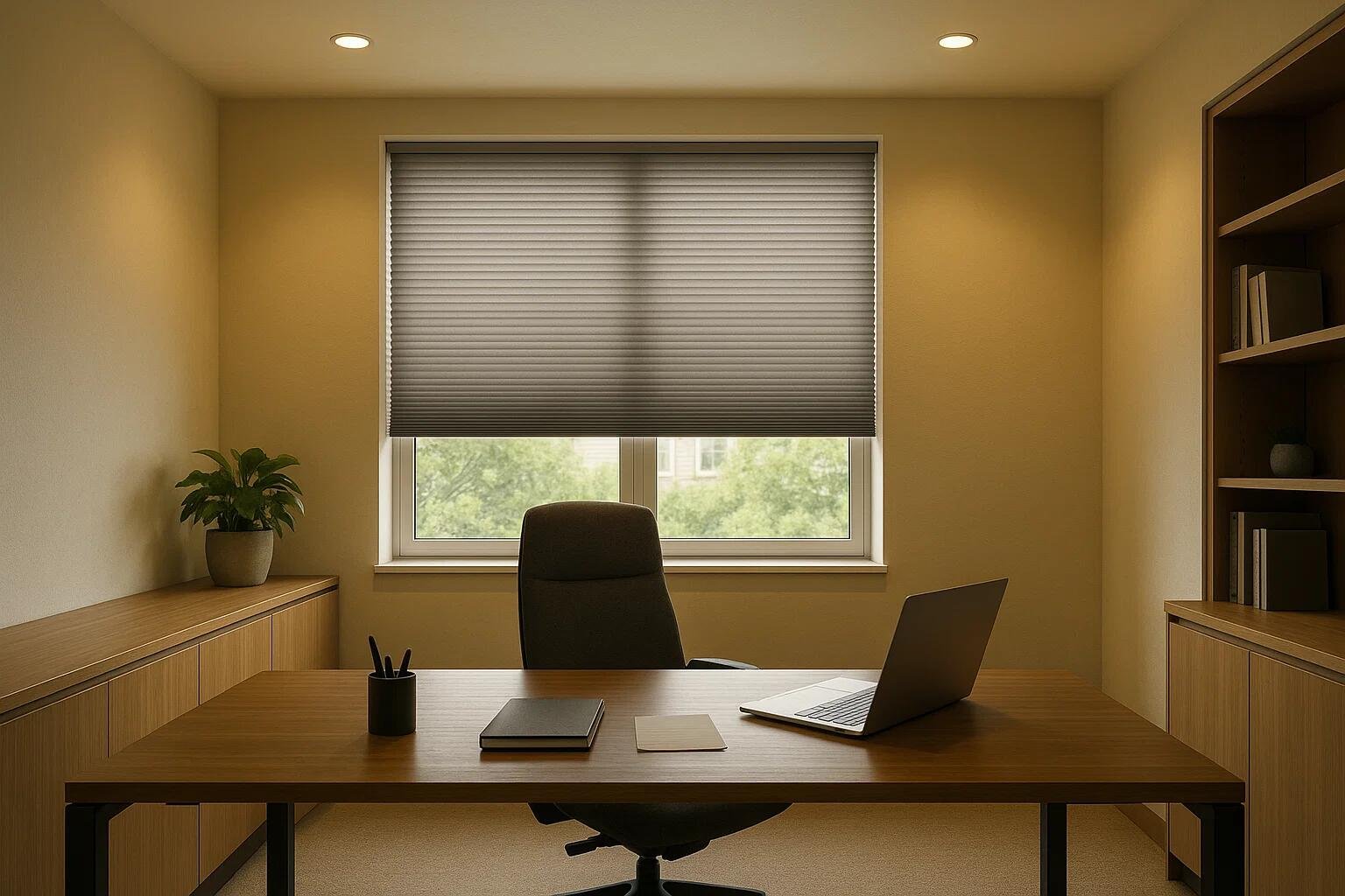 A dark motorized cellular shade offering light control in a modern home office.