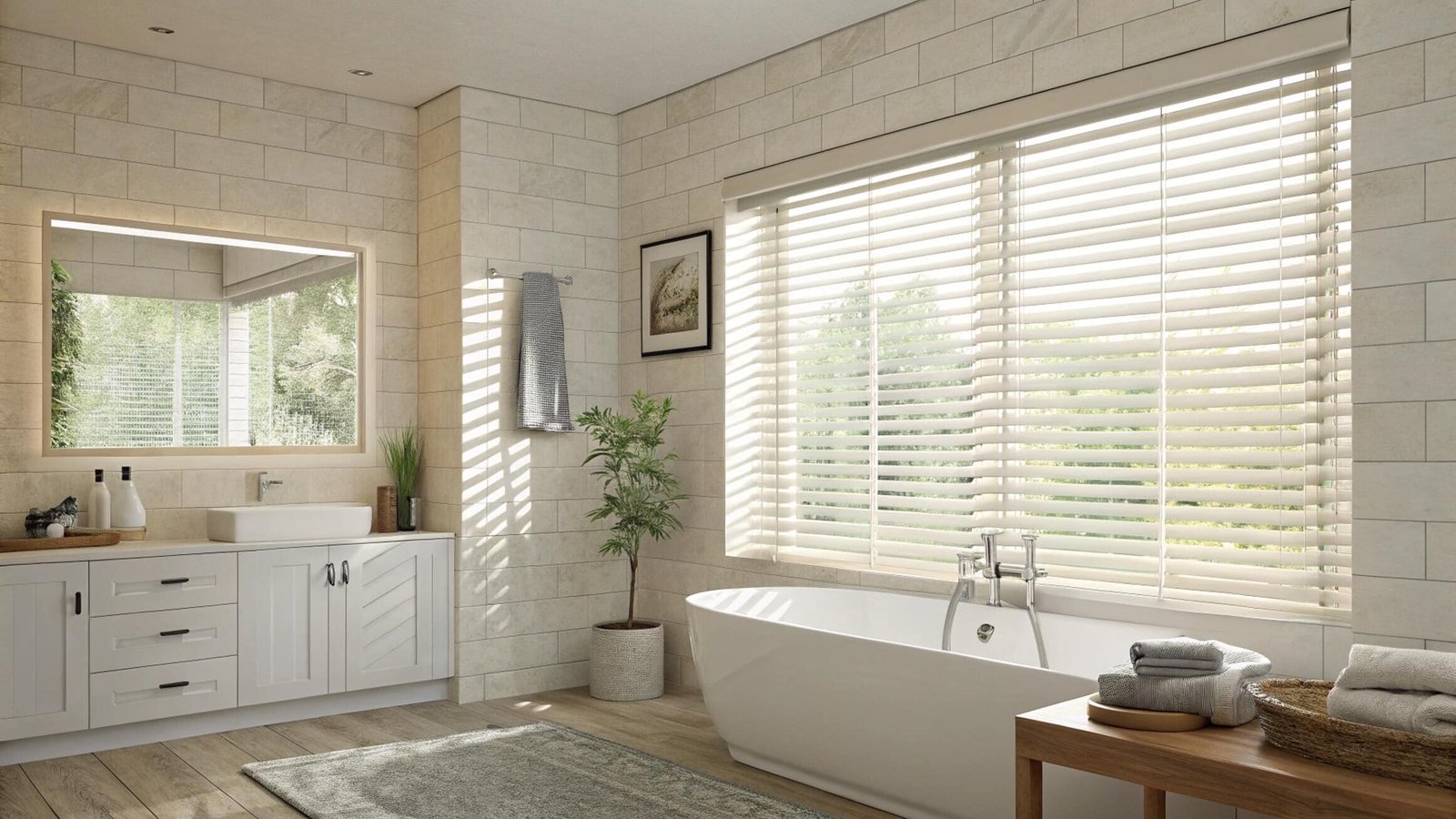 White faux wood blinds over a bathtub in a bright, modern luxury bathroom.