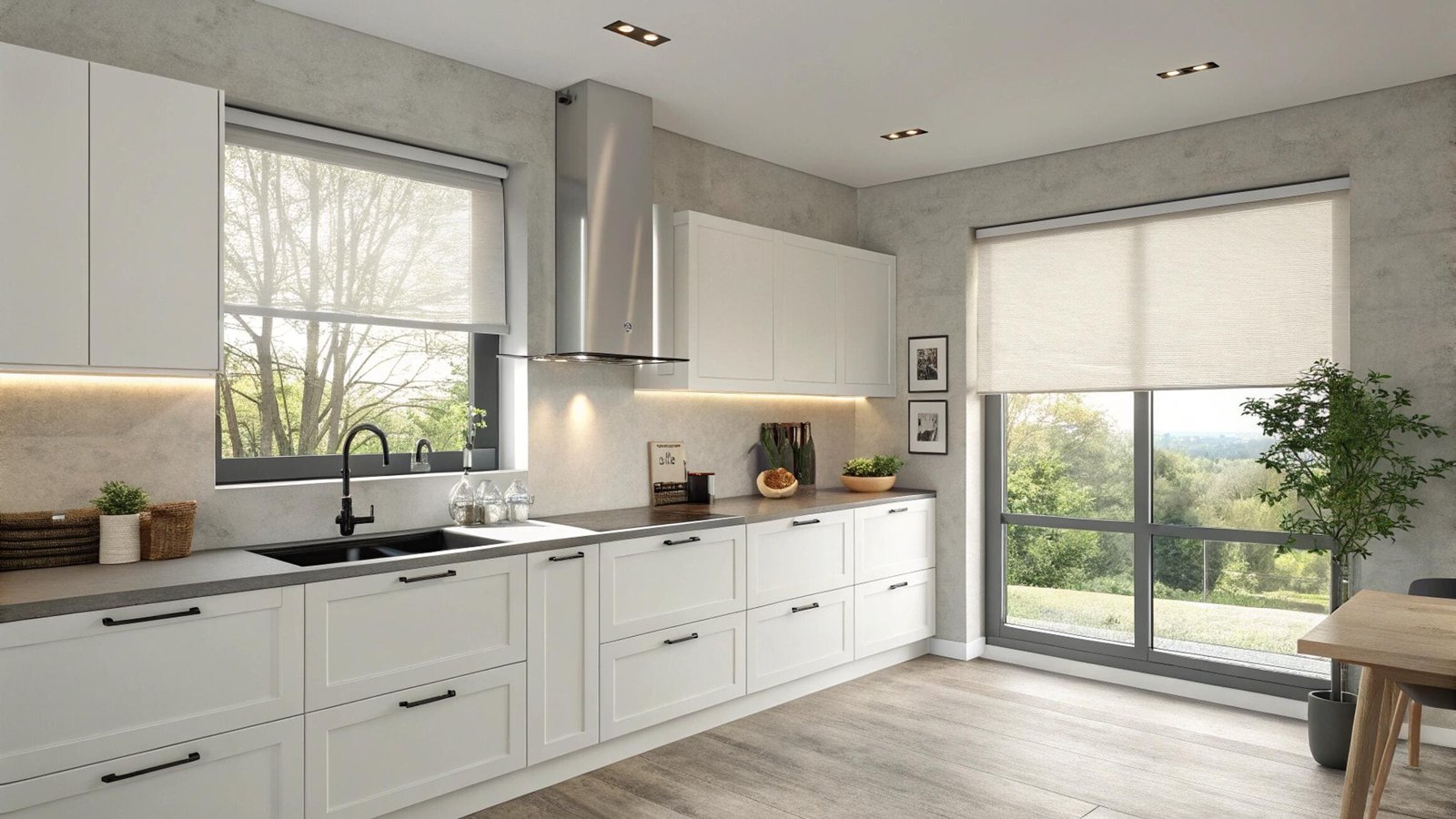 Light-filtering roller shades in a modern white kitchen with stainless steel appliances.