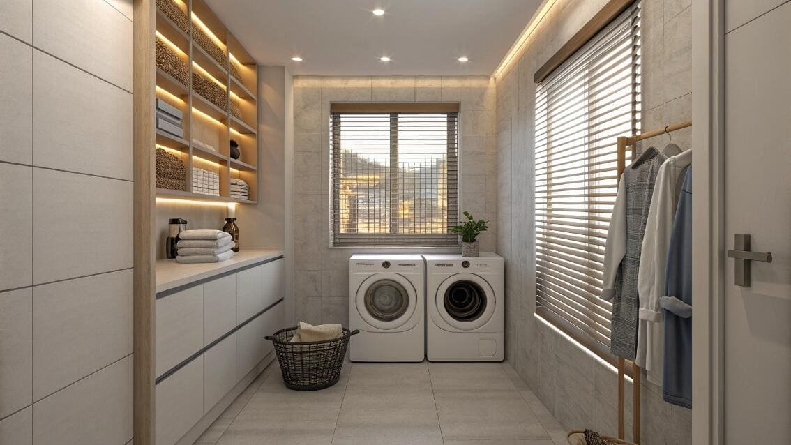Moisture-resistant faux wood blinds in a tidy, modern laundry room with tiled walls.