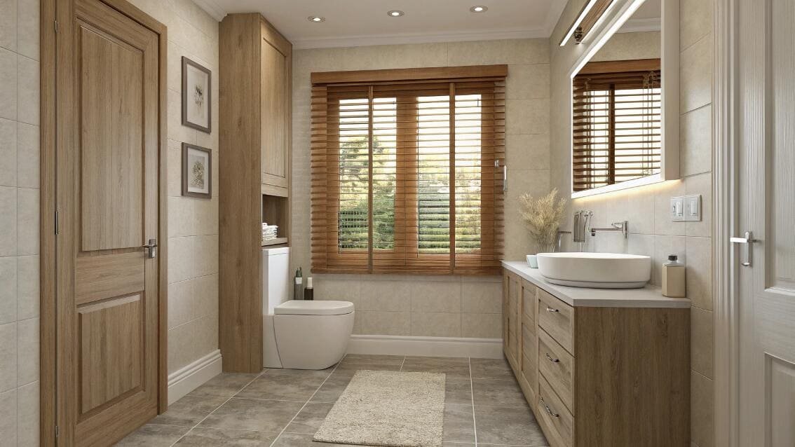 Medium wood-tone faux wood blinds in a traditional bathroom with wood cabinet accents.